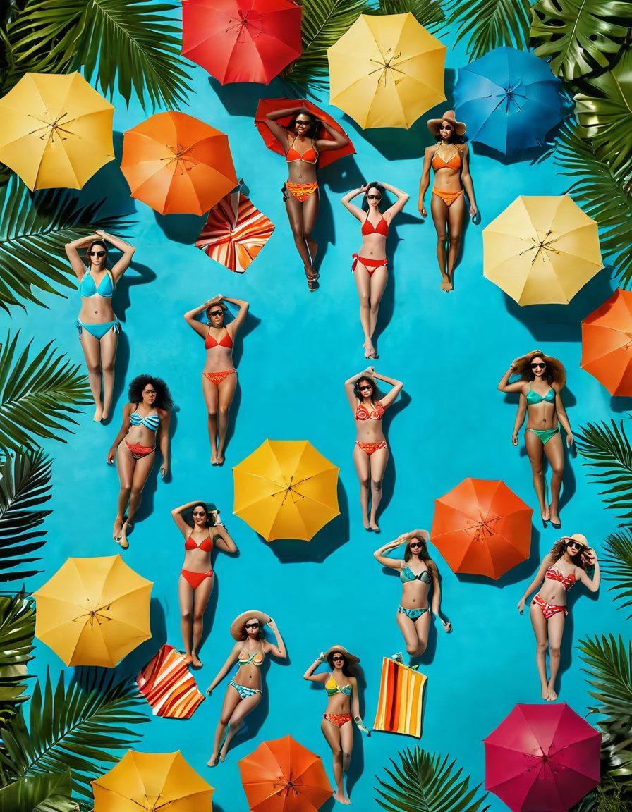 A vibrant summer beach scene showcasing a diverse group of stylish individuals wearing sustainable swimwear and chic accessories, surrounded by tropical plants and colorful beach umbrellas. Include elements like eco-friendly materials and unique designs. The atmosphere should evoke a sense of fun, relaxation, and environmental consciousness. Bright sunlight illuminating the scene. super-realistic. vibrant colors. tropical theme.